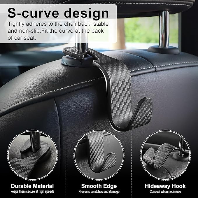 LivTee Car Purse Hook, 4 Pack Universal Auto Seat Headrest Hook Hangers Organizer for Coats, Umbrellas, Groceries - Carbon Fiber Black | Universal