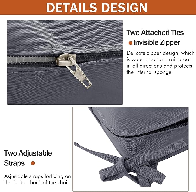 Outdoor Chair Cushions 16 x 17 Inch, Set of 4, Water Resistant Patio Chair Cushions with Tie 3 Year Color Fastness Thick Outdoor Seat Cushion for Garden Lawn Patio Furniture Dark Grey