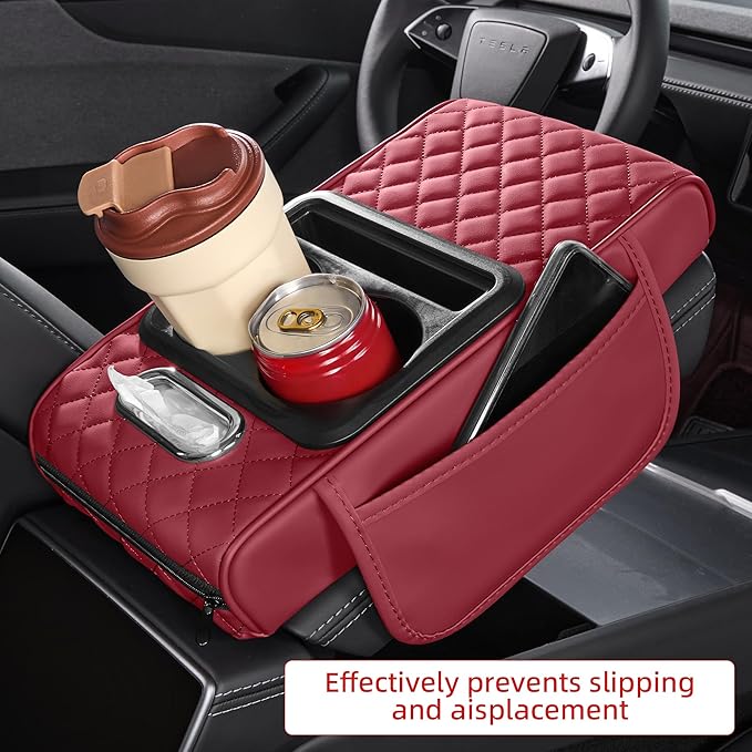 5 in 1 Car Center Console Cover, Armrest Pad with 2 Storage Pockets, Cup Holder, Tissue Slot, Phone Holder, Nappa Leather Memory Foam Car Accessories for SUV Sedan Truck (Burgundy)