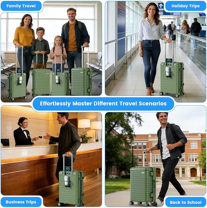 20 Inch Carry on Luggage with Cup Holder, Airline Approved 22x14x9 Aluminum Frame PC Hard Shell Suitcase, 360° Spinner Wheels, TSA Lock for Short Trips and Business Travel