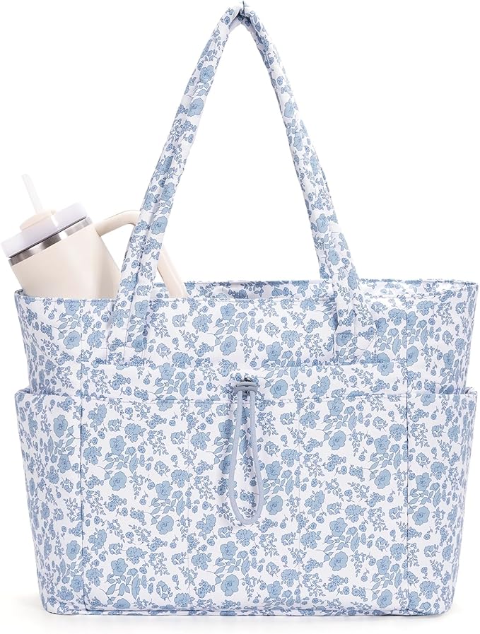 Wandering Nature Puffer Tote Bag with Cup Holder & Laptop Compartment & Trolley Sleeve for Travel, Work, Nurse, Women