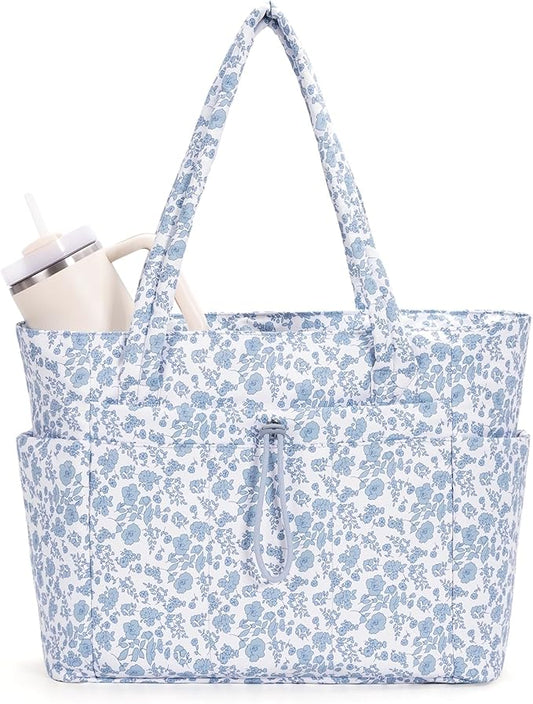 Wandering Nature Puffer Tote Bag with Cup Holder & Laptop Compartment & Trolley Sleeve for Travel, Work, Nurse, Women