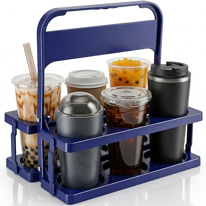 6 Cup Drink Carrier for Delivery - Foldable Drink Holder with Handle, Reusable Cup Carrier for Drinks, Portable Beverage Caddy Accessories for Parties, Camping, Car, Coffee & Bottles (Blue)