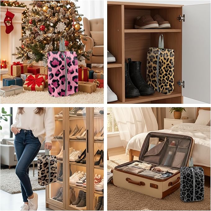 BeeGreen Leopard Shoe Bags 6 Pack for Travel with Handle as Packing Organizers for Suitcase and Luggage | Portable Nylon Storage Accessories for Vacations,Gym,Sport,Essential Gifts for Women and Men