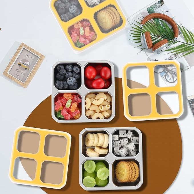 BEFOY 4 Pack Stainless Steel Snack Containers with Lids 4 Compartment Food Storage Containers for Adults & Kids Meal Prep Containers Reusablele (Yellow, 2)