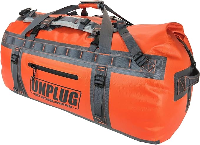 UNPLUG Ultimate Adventure | 1680D Heavy Duty Waterproof Bag | Large Travel Bag which can be Used for Camping, Motorcycling, Boating, or Hunting|110L Adventure Orange