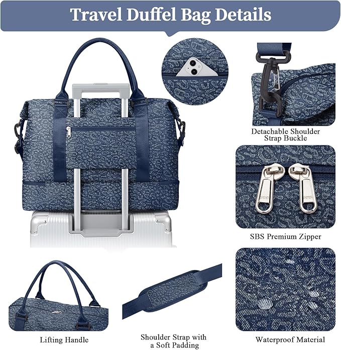 Weekender Bags for Women,Personal Item Travel Bag with Shoes Compartment,Overnight Travel Duffel Bag with Toiletry Bag,Denim Dark Blue