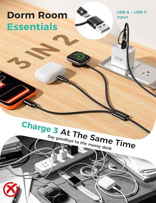 2026 Travel Essentials for Apple Watch Charger,Cruise Vacation Camping Essentials,iPhone Charger,Multi Charging Cable,3 in 2 Charging Docks for iWatch Series 11-2/Ultra,iPhone 17-12,Car,Black
