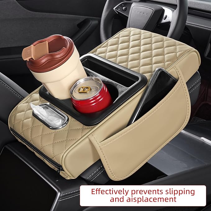 5 in 1 Car Center Console Cover, Armrest Pad with 2 Storage Pockets, Cup Holder, Tissue Slot, Phone Holder, Nappa Leather Memory Foam Car Accessories for SUV Sedan Truck (Beige)