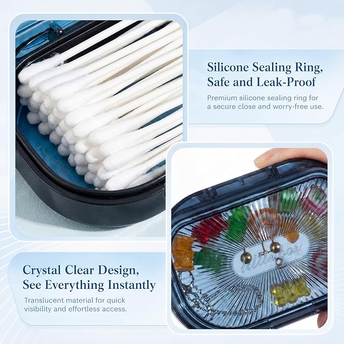 Kigley 4 Pcs Hair Tie Container Small Portable Travel Cotton Swab Holder Dispenser with Lid Plastic Box Storage Containers for Small Items, 3.94 x 2.76 Inch (Blue)