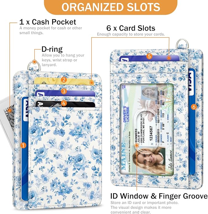 Yonlevres Credit Card Holder Slim Wallet Women, Floral Flowers RFID Blocking Small Front Pocket Travel Cute Thin ID Window PU Leather Mini Organizer Case Purse Gift Woman Girls Ladies