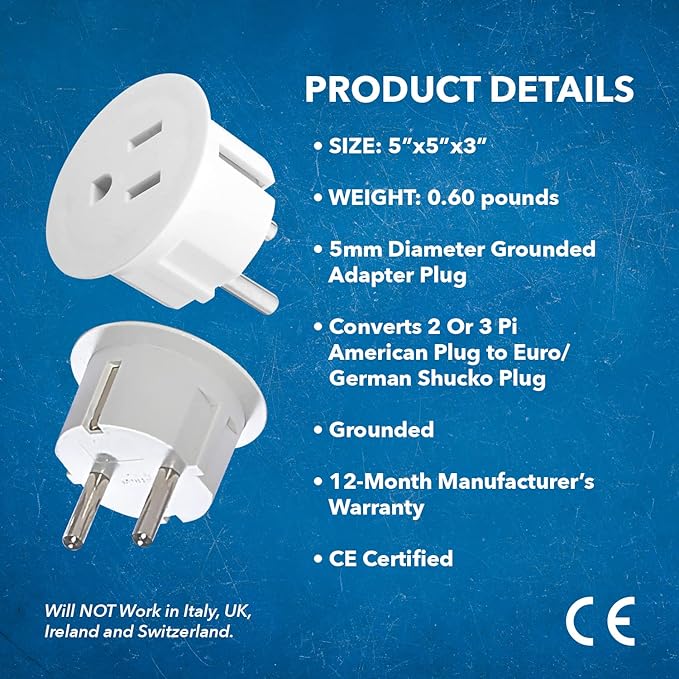 OREI Pack 6 European Travel Plug Adapter - USA, Canada, Mexico to European Type E/F Plug Adapters - Schuko Adapter CE Certified Heavy Duty - Perfect for Travelling with Cell Phones, Laptops & More