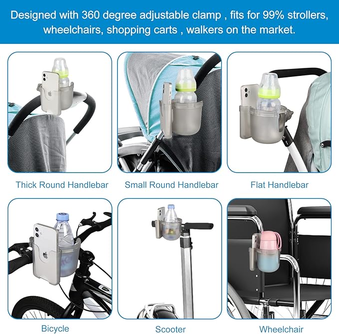 Accmor Stroller Cup Holder with Phone Holder, Bike Cup Holder, Universal Cup Holder for Uppababy Nuna Doona Strollers, 2-in-1 Cup Holder for Walker, Wheelchair, Scooter