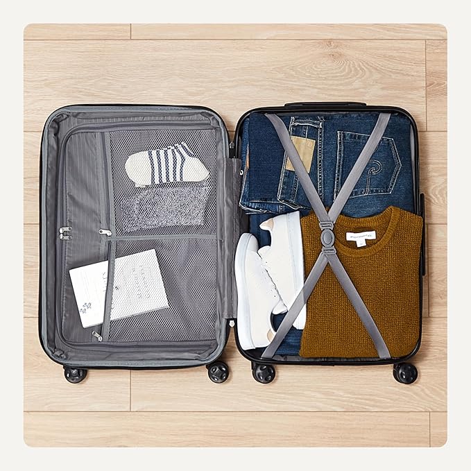 Amazon Basics 21" Hardside Carry-On Luggage with Spinner Wheels, Expandable for Up to 25% More Space, Scratch-Resistant Hard Shell, Telescoping Handle, Black