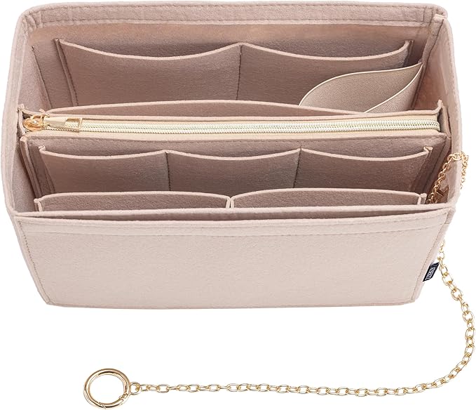 Purse Organizer Insert, Handbag Organizer with Zipper, Tote Shaper with Cup Holder & Keychain, Compatible with LV, Neverfull, MK, COACH, Longchamp, Kate Spade – Khaki-Lg