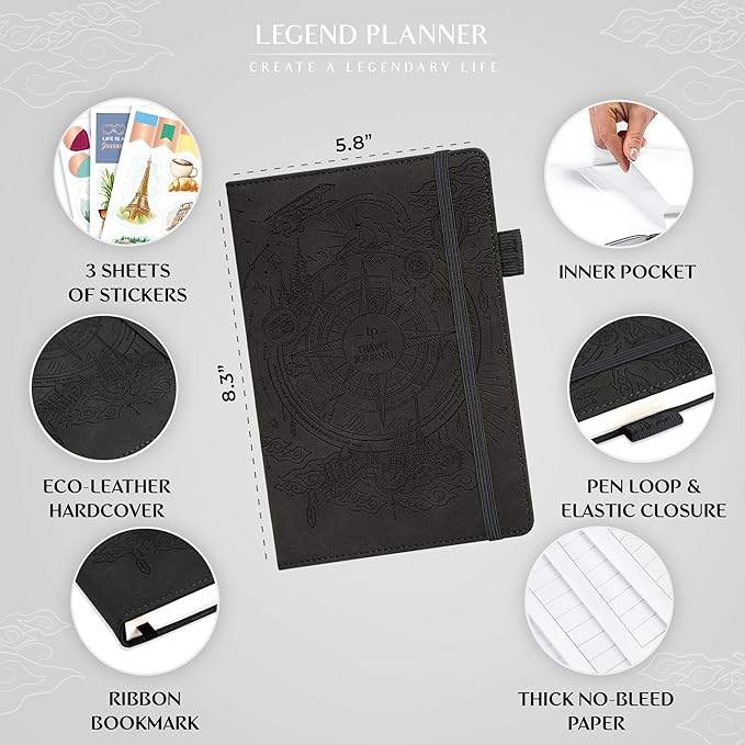 Legend Vintage Travel Journal – Traveling Diary & Photo Album for Men, Women & Family with Bucket List – Vacation Essentials (Black)