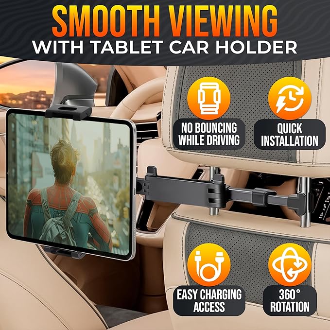Car Headrest Tablet Holder for 5.5"-11" Devices - Tablet Headrest Mount with 360° Rotation & Charging Port Access - Quick Install & Adjustable Car Tablet Holder Сompatible with Smartphones and Tablets