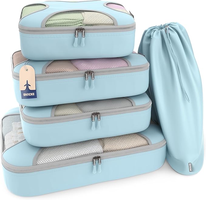 Shacke 5 Set Packing Cubes for Travel – Luggage Organizer & Suitcase Bags with Laundry Bag, Carry On Packing Organizer, Travel Accessories for Women Men (Sky Blue)