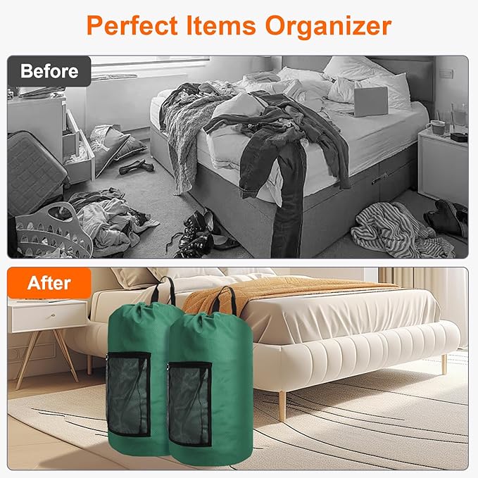Laundry Bag Backpack Durable Laundry Bag with Shoulder Straps and Mesh Pockets Portable Laundry Hamper Dirty Clothes Bag for College, Travel, Laundromat, Apartment (Green)