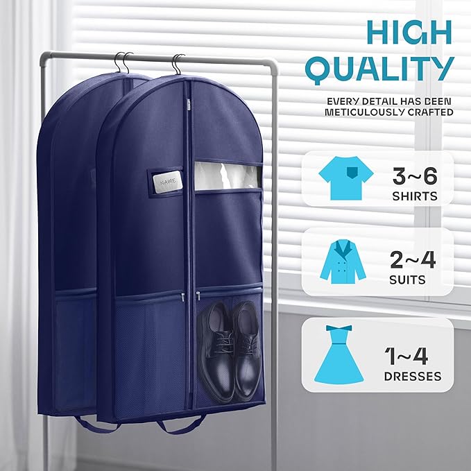 Lazebox 43" Travel Garment Bag with Accessories Zipper Pocket, Heavy Duty Suit Bag for Suits, Tuxedos, Dresses, Coats, Blue, 1 pack