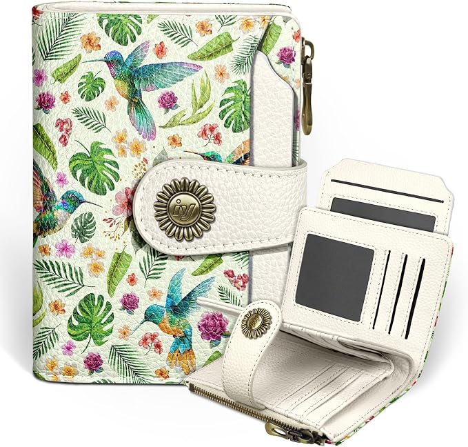 Icycay Hummingbird Small Wallet Women RFID Blocking Bifold, Cute Credit Card Holder, Zipper Coin Pocket, PU Leather, Compact, Travel, 4 ID Window, 14 Card Slots, Cash Purse, Ladies Woman Female Girls