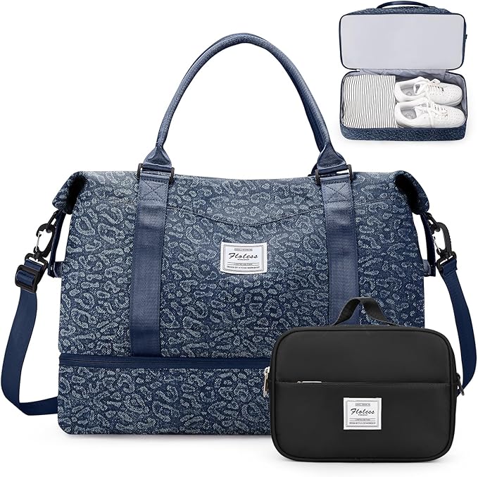 Weekender Bags for Women,Personal Item Travel Bag with Shoes Compartment,Overnight Travel Duffel Bag with Toiletry Bag,Denim Dark Blue