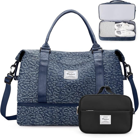 Weekender Bags for Women,Personal Item Travel Bag with Shoes Compartment,Overnight Travel Duffel Bag with Toiletry Bag,Denim Dark Blue
