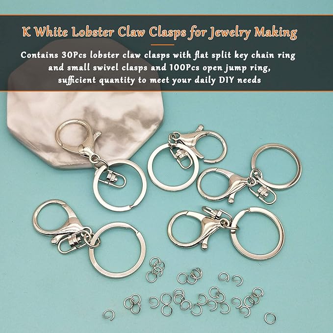 30Pcs Lobster Claw Clasps Keychain for Jewelry Making,Metal Lobster Clasp Swivel Trigger Clips with Swivel Clasps Hook Clips Flat Split Keychain Ring 100Pcs Open Jump Ring for DIY Craft Jewelry Making