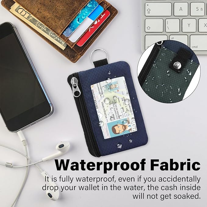 Minimalist RFID Wallet with Lanyard, Multi-Functional ID Case with 2 Zipper Pockets and Key Chain for Men and Women, Tactical Badge Pouch Cards Holder, Coin Purse for Travel Sports - Gray&Blue