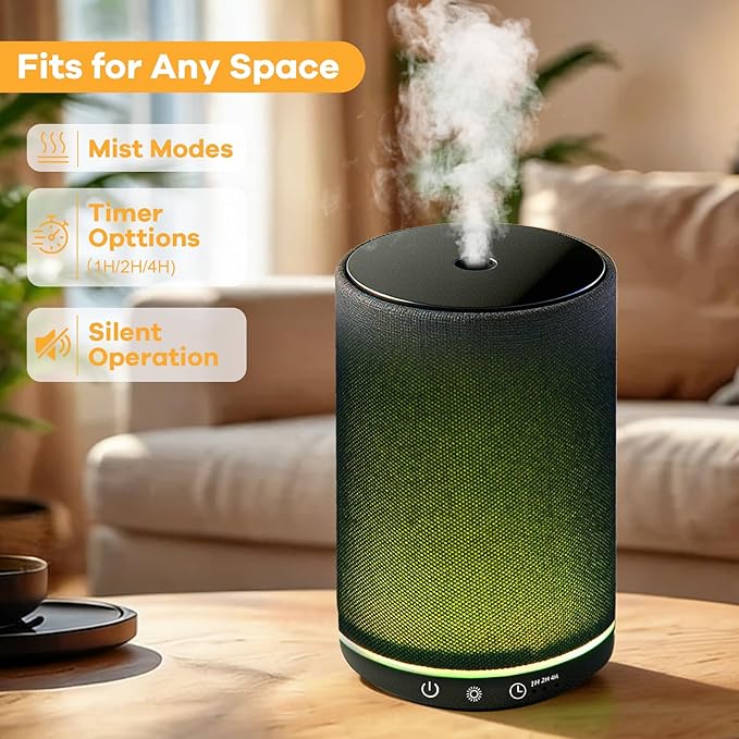 Essential Oil Diffuser with Fabric Cover 150ml Portable Aroma Diffuser Aromatherapy Oil Diffuser with 7 Colors LED, Scent Diffuser with Timer Function, Mini Humidifier for Bedroom Home Office