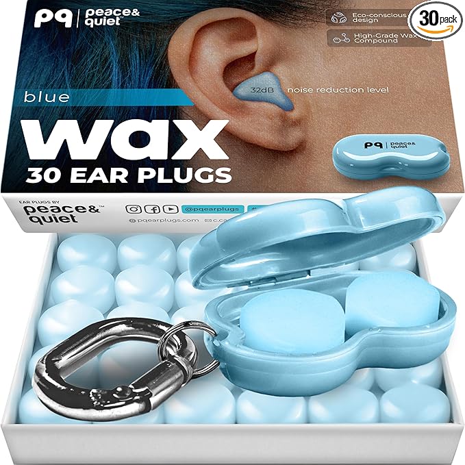 Peace&Quiet PQ Wax Ear Plugs for Sleeping - 30 Silicone Wax Earplugs for Sleeping and Swimming, Gel Ear Plugs for Noise Cancelling, Sleeping Earplugs, Sound Blocking Level of 32 Db, Color: Blue