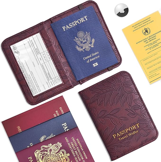 lizimandu Passport Holder with Airtag Slot, Airtag Passport Wallet for Men Women, Slim Leather Passport Holder Case Family for Travel Anti-Lost(1-Carved Dark Brown)