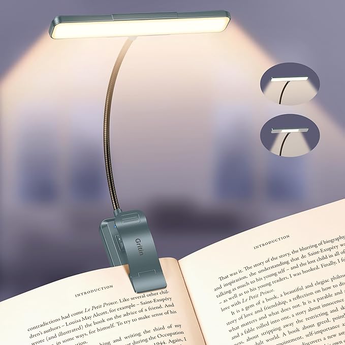 Gritin 2026 Gen 2 Book Light for Reading- 32 Eye Caring Full Spectrum LED, 5 Colors & 5 Brightness, Adjustable Wide/Narrow Beam, Upgrade 1500mAh Long-Lasting Clip on Light for Book Lovers-Sea Blue