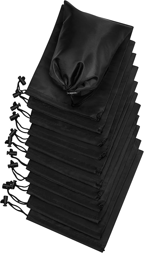 PALTERWEAR Drawstring Pouch with Toggle (6 x 8 Inch - 12 Pack - Black) Nylon Cinch and Ditty Bag for Travel, Office and Storage