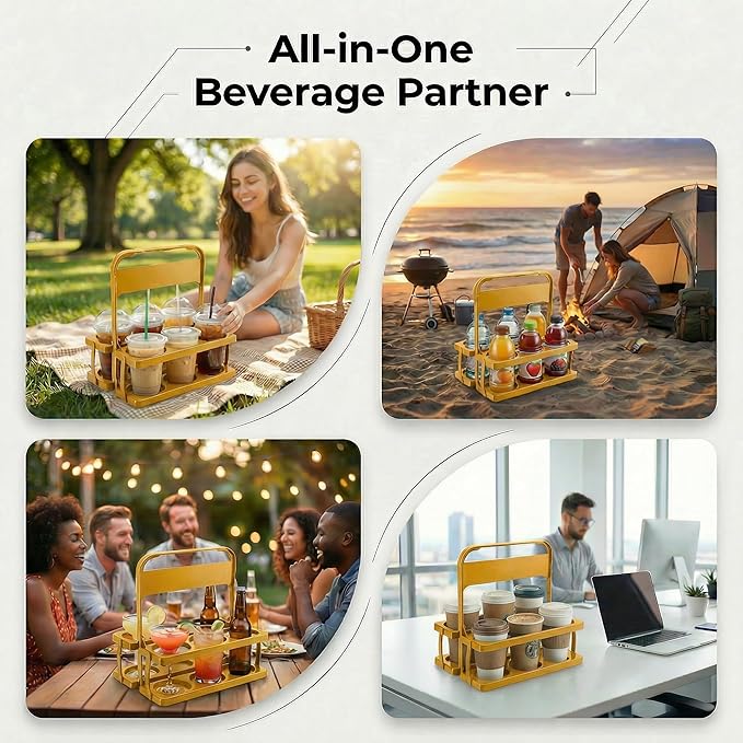 6 Cup Drink Carrier for Delivery - Foldable Drink Holder with Handle, Reusable Cup Carrier for Drinks, Portable Beverage Caddy Accessories for Parties, Camping, Car, Coffee & Bottles (Yellow)