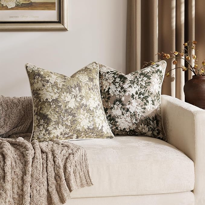 DEZENE Pack of 2 Vintage Floral Throw Pillow Covers 20x20 Boho Farmhouse Accents Chenille Square Decorative Pillow Cases for Living Room Couch Bed Home Decor, Green and Taupe