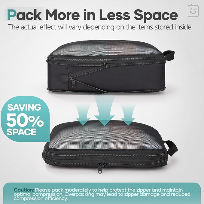 Veken 8 Set Compression Packing Cubes for Travel Essentials,Compressible Expandable Large Luggage Suitcase Organizer Bags for Clothing,Durable Space Saver Storage Bags with Toiletry Bags(Black)