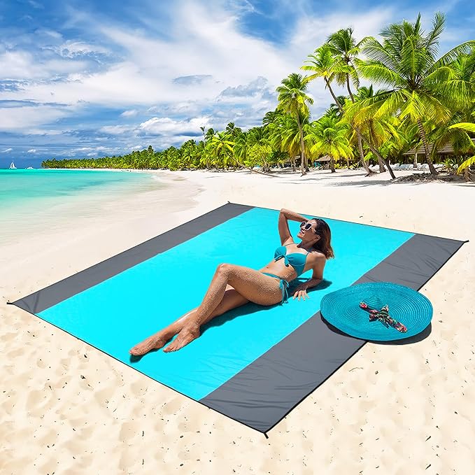 WIWIGO Beach Blanket Waterproof Sandproof Beach Mat 79" X 83"/10'x9'for 2-8 Adults Quick Drying Outdoor Picnic Mat Beach Accessories for Travel, Camping, Hiking