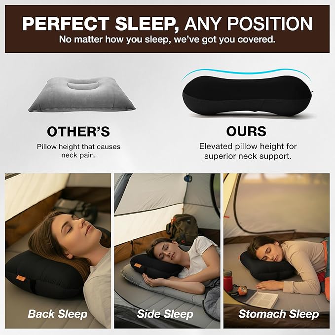 Inflatable Camping Pillow - Ultralight Compact Air Pillow for Travel, Backpacking & Hiking - Ergonomic Neck & Lumbar Support - Portable Inflatable Pillow with Removable Washable Cover - (Black 2 Pack)