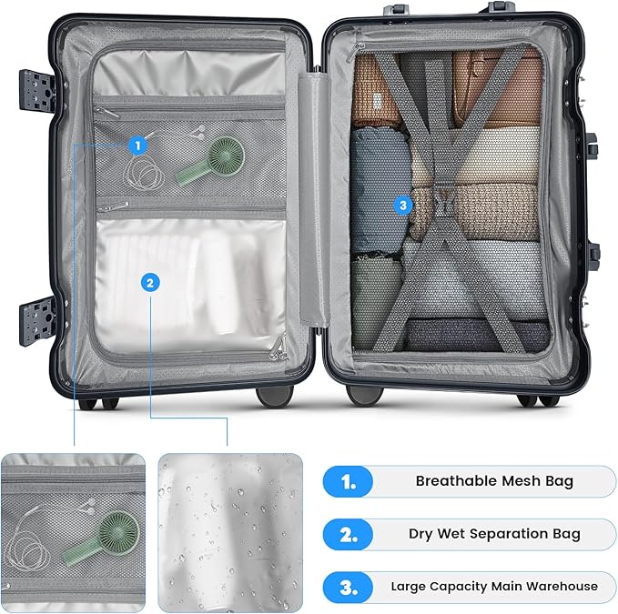 24 Inch Checked Luggage with Cup Holder, Aluminum Frame PC Hard Shell Suitcase, 360° Spinner Wheels, TSA Lock for Short Trips and Business Travel