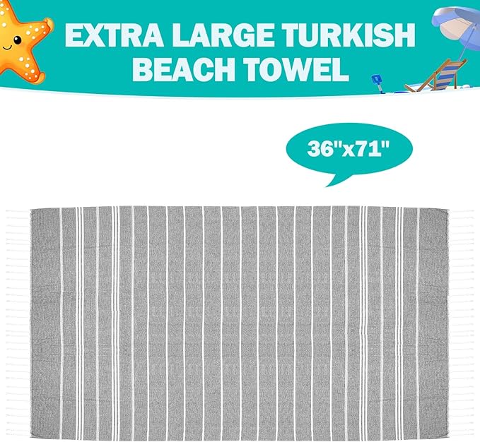 YSYJ Turkish Beach Towel 36 Pack Extra Large Beach Towels 36"x71" Soft Turkish Towel Bulk Sand Free Quick Dry Bath Towels Blanket for Adult Grey