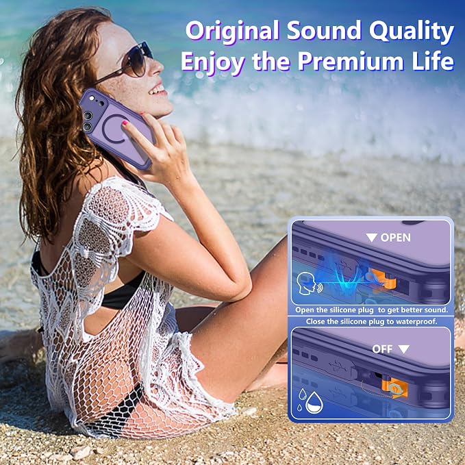 Magnetic Compatible with iPhone 17 Pro Max Case,Waterproof Built-in Screen & Camera Protector IP68 Underwater Full Body Military Dropproof Translucent Matte Phone Case 6.9"-Mag/Purple