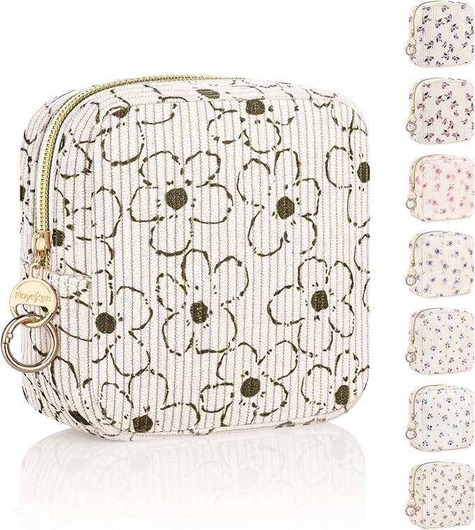 Floral Period Bag, Small Period Pouches for Teen Girls, Corduroy Sanitary Napkin Storage Bag, Compact Discreet Pad and Tampon Holder for Purse (Plum-Beige)