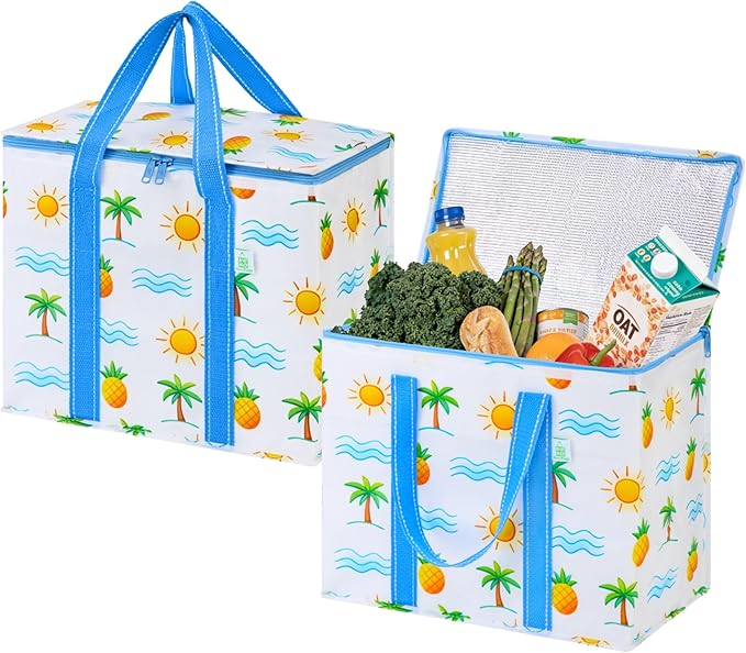 VENO 2 Pack Insulated Cooler Bag, Reusable Grocery Shopping Bag for Food Delivery, Heavy Duty, Large Size, Durable Handles, Double Zippers, Lid, Collapsible (Tropical Island, 2 Pack)