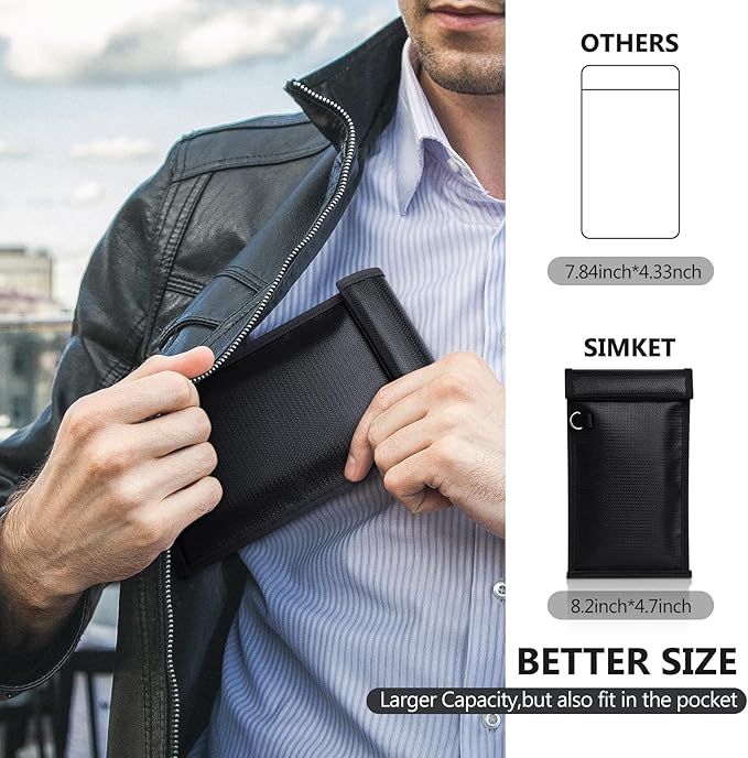 Simket 2 Pack Military Grade Faraday Bags, Fireproof Waterproof Signal Blocking Pouch for Cell Phone & Car Keys, RFID GPS WIFI NFC Blocker, Anti-Tracking Privacy Shielding Pouch for Daily Travel