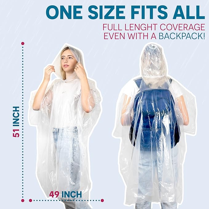 Noe & Malu 20-Pack Emergency Disposable Rain Ponchos for Adults – 100% Waterproof with Hood | Clear Lightweight Unisex Raincoats for Camping, Hiking & Travel