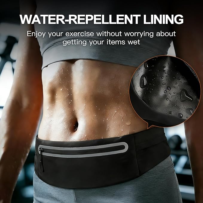 Slim Running Belt for Men Women - No-Bounce Phone Holder Waist Pack, Runners Fanny Pack with Sweat-Proof Pocket ，Travel Money Pouch for Gym/Hiking/Cycling (Black)