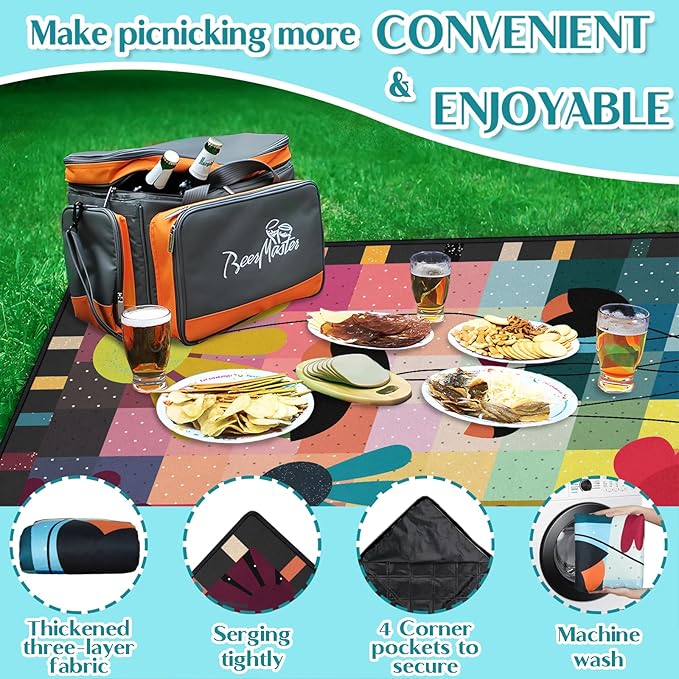 Abstract Floral Picnic Blankets Waterproof Foldable, 80″X80″ Thick Three Layer Picnic Mat Outdoor Blanket for Grass, Large Beach Blanket Sandproof Picnic Accessories for Camping Park Hiking