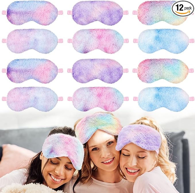 Cuffbow 12 Pcs Plush Sleeping Eye Masks Bulk Comfortable Sleep Eye Cover Mask for Kids Women Men Soft Furry Blindfold Faux Fur Shade for Travel Nap Sleepover Party Supplies(Rainbow)