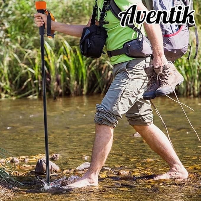 Aventik Fold-able Wading Staff Water Depth Safety Warning Sign Coated Stainless Steel Core T7075 Aluminum Body Corrosion Resistance Neoprene Sheath